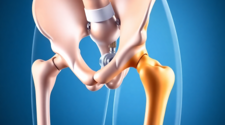 Artificial hip joint replacement illustration